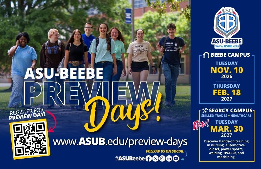 ASU-Beebe Preview Days announcement listing event dates for Beebe and Searcy campuses. Full schedule details and registration links provided in text below.